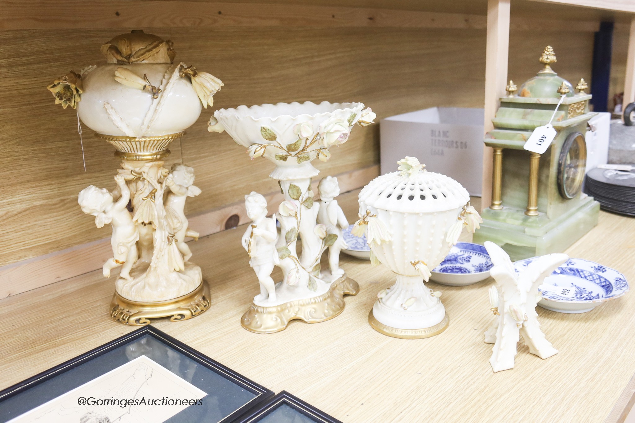 A group of Moore Bros porcelain including a lamp, centrepiece etc